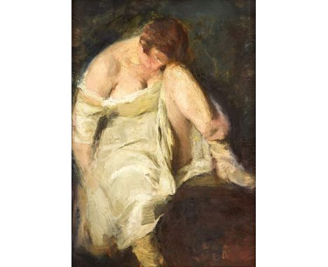 Duxa, Carl. 1871 - Wien - 1937. Sitzende Frau in erotischer Pose. Öl/Holz. Ritz-MonogrammC D. 18 x 12 cm / R. 47 x 41 cm.