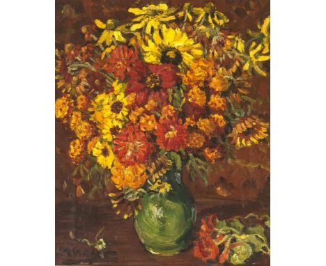 Hager, Marie. 1872 Penzlin - 1947 Burg Stargard. Bunter Sommerblumenstrauss. Signiert u.li. M Hager. 50 x 40 cm / R. 59 x 40 