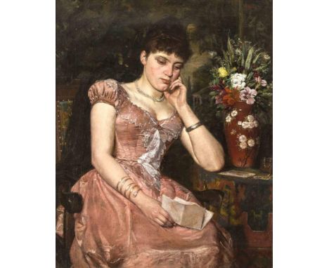 Portraitmaler 19. Jh. (Möglw. Russland) Junge Frau mit Brief. Öl/Lw. 60 x 49 cm / R. 75 x62 cm.- In Gedanken versunken, wohl 