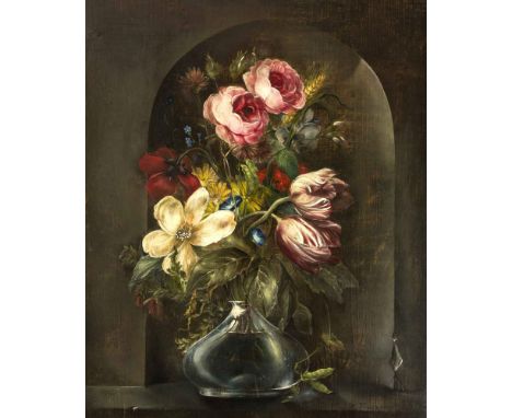 Kreuzer, Vincenz. 1809 - Graz - 1888. Blumen-Stillleben. Öl/Holz. Signiert u. re. V.Kreuzer. 59 x 48,5 cm / R. 73 x 63 cm.- A
