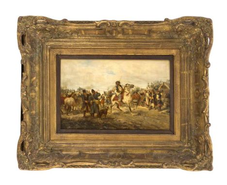Gedlek, Ludwig. 1847 Krakau - 1904 Wien. Ankunft im Dorf. Öl/Holz. Signiert u. re. L.Gedlek. Ca. 25,5 x 38,5 cm / R. 53 x 65 