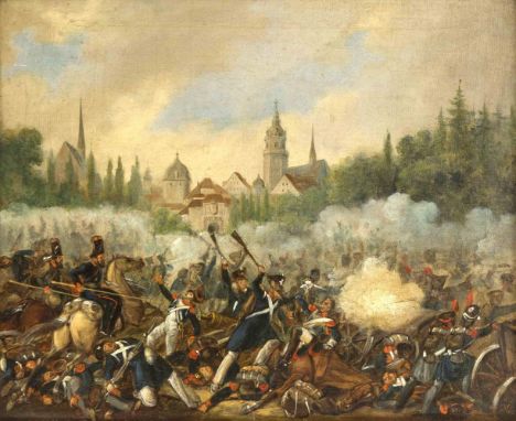 Historienmaler des 19. Jh. Schlacht um das Grimmaische Tor. Öl/Lw. 30 x 36 cm / R. 42 x 48cm.- Die Völkerschlacht bei Leipzig