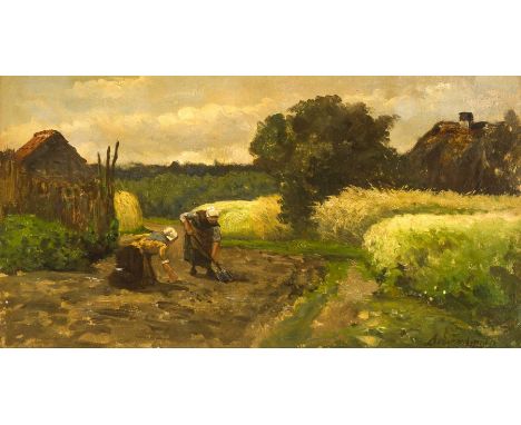 Everdingen, Adriaan van. 1832 - 1919. Bäuerinnen auf dem Acker. Signiert u. re. A. v.Everdingen. 24 x 44 cm / R. 35 x 47 cm.-