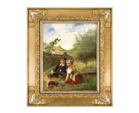 Koester, Alexander. 1864 Bergneustadt - 1932 München. Kinder beim Füttern der Hasen.Öl/Lw. Sugniert u. re. AKoester Mch. 50 x