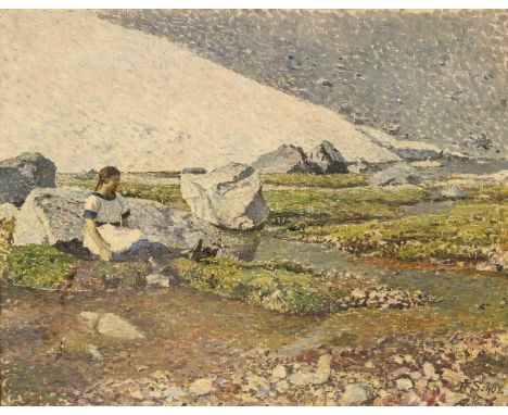Schüz, Friedrich. 1874 Düsseldorf - 1954 Tübingen. Mädchen in Landschaft. Öl/Lw, aufHartfaser gezogen. Signiert u. re. Fr. Sc