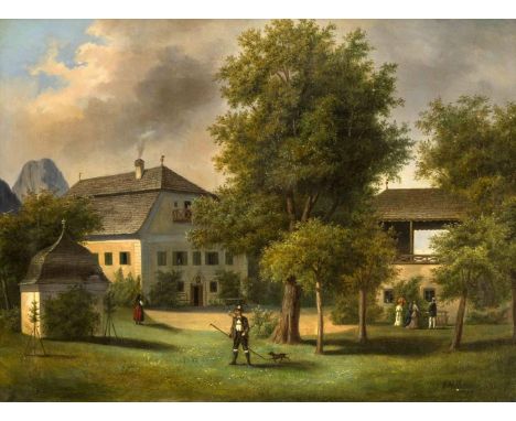 Hutschenreiter, Viktor Max. 1828 - Wien - 1901. Gutshof in Tirol. Öl/Lw. 1899. Signiert u.datiert u. re. V M Hutschenreiter 1