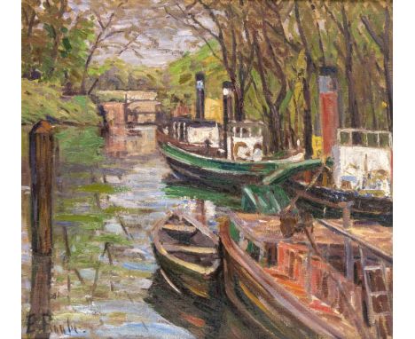 Landschaftsmaler des 20. Jh. Boote am Ufer. Öl/Lw. Schwer leserl. signiert u. li. E.R...(?). 57 x 63,5 cm / R. 75 x 82 cm.