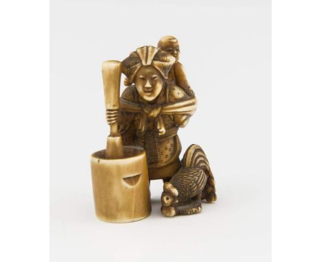 Netsuke. Japan, 20. Jh. Elfenbein, patiniert. H. 4 cm. - Vollplastische Darstellung Muttermit Kind. Auf der Unterseite bezeic