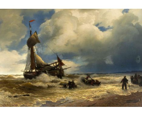 Achenbach, Andreas. 1815 Kassel - 1910 Düsseldorf. Anlandendes Schiff. Öl/Lw. 1871.Signiert u. datiert u. li. A. Achenbach 71
