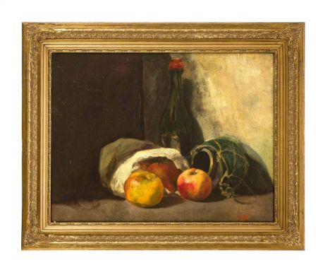 Eckenbrecher, Themistokles von. 1842 Athen - 1921 Goslar. Obststillleben mit Weinflasche.Öl/Lw. Monogrammiert u. re. T.v.E. 3