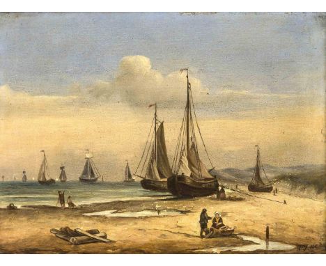 Niederländischer Maler um 1900. Fischerboote am Strand. Öl/Holz. Schwer leserl. signiertu. re. P Kno...(?). 17,5 x 22,5 cm / 