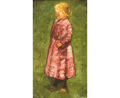 Anonymer Maler um 1900. Kleines Mädchen in rotem Kleid. Öl/Holz. Übermalte Signatur u.re.(?) 59 x 33 cm / R. 85 x 61 cm.- Vor