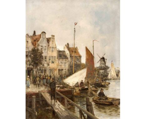 Wagner, Karl Theodor. 1856 Wien - 1921 Prechtoldsdorf. Flandrische Hafenszene. Öl/Lw.Signiert u. li. K Wagner. 68 x 54 cm / R