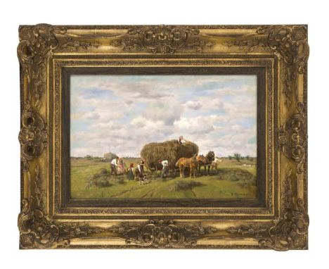 Thomassin-Renard, Désiré. 1858 Wien - 1933 München. Heuernte. Öl/Holz. Signiert u. re. D.Thomassin. 28 x 41 cm / R.  50 x 62 