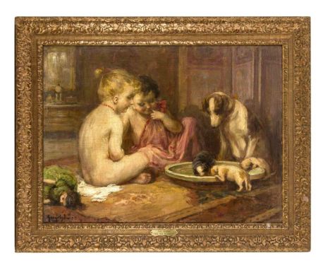 Gergely, Imre. 1868 - 1914. Kinder mit Hundewelpen. Öl/Lw., doubl. Signiert u. li. GergelyImre. 58 x 78 cm / R. 77 x 96 cm. R