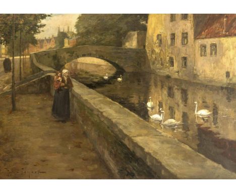 Cambier, Nestor. 1879 Couillet - 1957 Brüssel. "Partie in Brügge mit Staffage". Öl/Lw.Signiert u. li. Nestor Cambier. Verso a