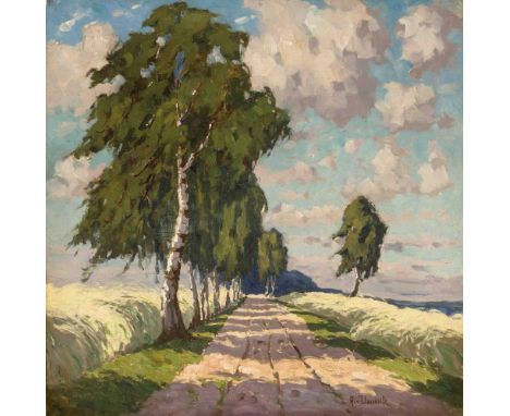 Damnitz, Anna von. 1871 - 1944. Sonnige Birkenallee. Öl/Malpappe. Signiert u. re. A. v.Damnitz. 61 x 60 cm / R. 69 x 68 cm.- 