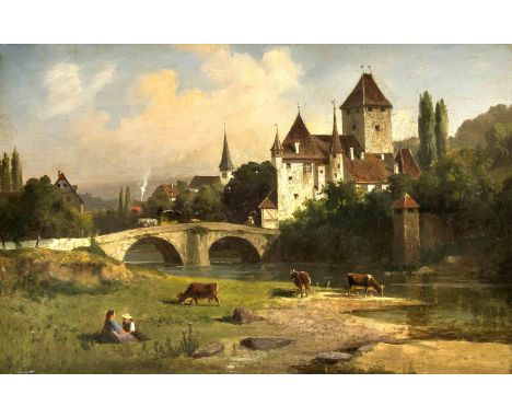 Müller, Franz Adolf. 1841 - 1903. Schweizer Maler. Uferlandschaft mit Burganlage. Öl/Lw.Signiert u. li. F. Müller. 38 x 58 cm