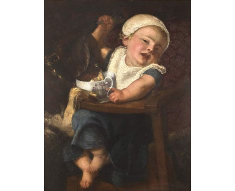 Verlat, Charles. 1824 - Antwerpen - 1890. Kleinkind mit Hund. Öl/Holz. Um 1860. Signiertu. datiert u. re. schwer leserl. C. V