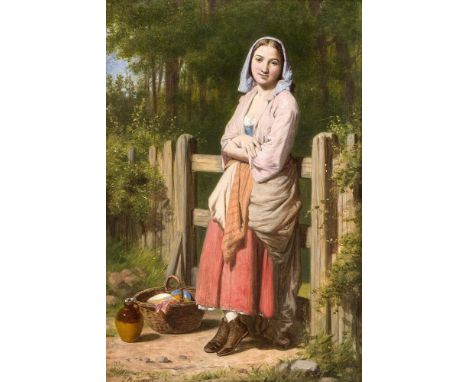 Banks, J. O. (act. 1856 - 1873). Engl. Künstler. Mädchen mit Picknickkorb. Öl/Holz.signiert u. li. J O Banks. 26 x 18 cm / R.