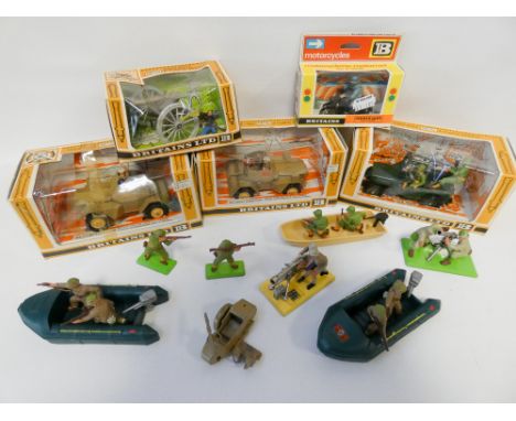 Five boxed Britain's Diecast toys, 3/8 army scout cars, US jeep, American civil war cannon and various soldiers etc also by B