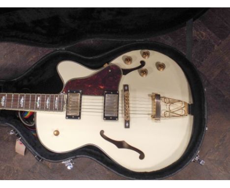 White Raleigh ark top Samick electric semi acoustic guitar in its Stagg fitted case 