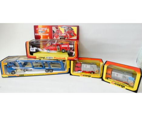 Four Corgi scale models, Fire Streak, car transporter and two Shelvoke & Drewry No 1116, 1159 and 1001