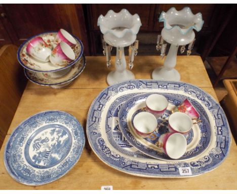 Pair of lustre vases, two cake comports, blue and white meat dishes, plates, cups etc 