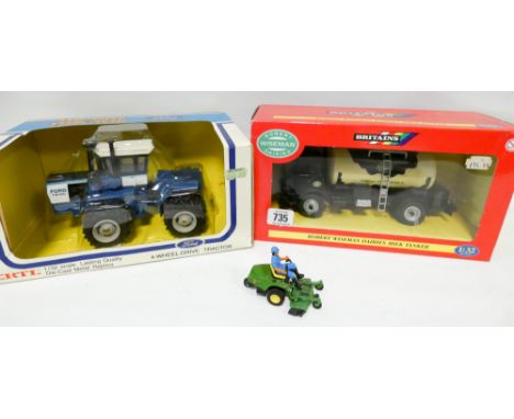 Two ERTL 1:32 scale Diecast models of dairy milk tanker and a Ford tractor, together with unboxed model of a John Deere ride-