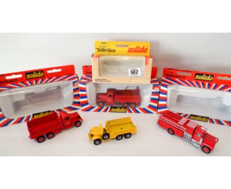 Four Solido die-cast toys, fire engine and trucks mint and boxed 