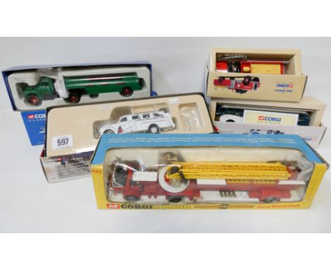 Collection of five Corgi cars to include Corgi classics, limited edition vintage USA bus, fire service lorry, gasoline skirte