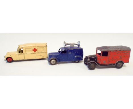 Dinky toy Daimler Red Cross van, Meccano Speaker van and Royal Mail van 