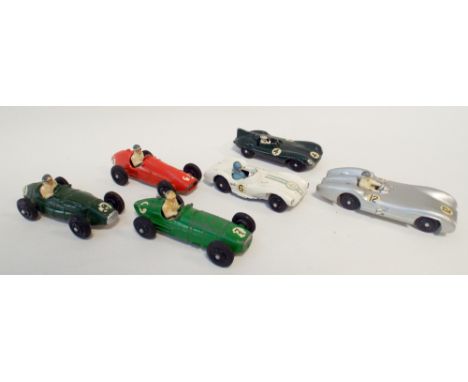 Collection of six vintage Crescent toy racing cars, played with condition 