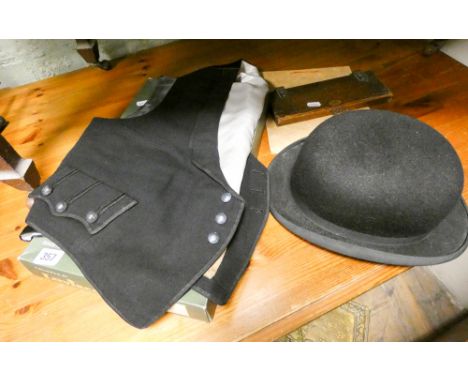 Vintage gentlemen's bowler hat, dress waistcoat, tie press 