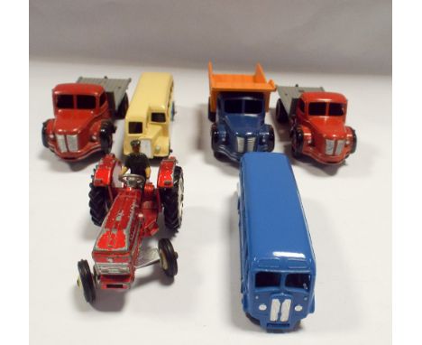 Set of six Dinky vintage vehicles to include Nos 34, No308 tractor and two buses. In used condition, unboxed
