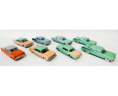 Collection of eight vintage Dinky toy saloon cars, Plymouth Plaza No 178, DeSoto FireFlite, Studebaker 169 etc in pastel colo