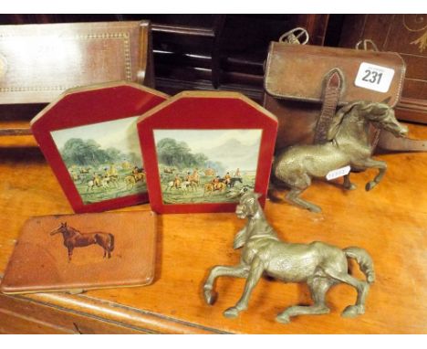 Edwardian inlaid mahogany book trough, book ends, brass horses, cigarette case and a mess tin in leather case 