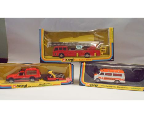 Set of three Corgi toys - Matra Rancho No25, Simon Snorkel Dennis fire engine No1126 and a Chevrolet Superior 61 ambulance No