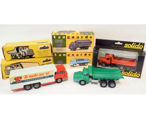Three Solido vintage Die cast lorries, two Vanguards 1:64 scale commercial vehicles and a boxed Solido Iveco tipper truck