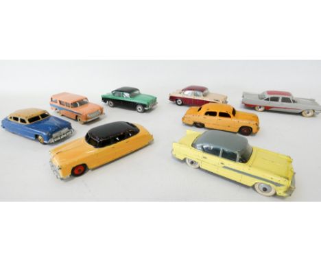 Collection of eight vintage Dinky toy saloon cars to include Humber Hawk, Nash Rambler, DeSoto FireFlite etc, played with con