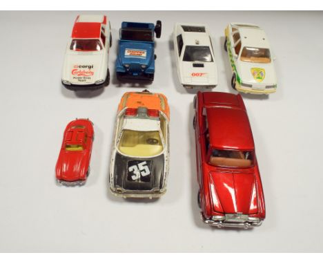 Selection of seven Corgi vintage vehicles in used condition, unboxed. 007 Lotus Esprit, Jaguar XJS, Mercedes Benz 300SL, Jeep