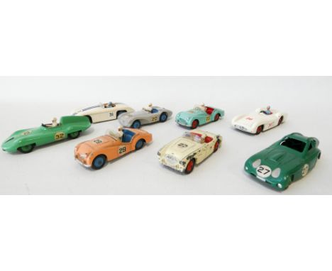 Group of eight Dinky toys vintage racing cars, to include 110 Aston Martin, 133, 111 and 236 etc 