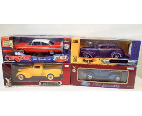 A collection of 4 vintage American cars 1940's Chevy Sedan, 1937 Ford convertible, 1937 Studebaker Pickup and a Plymouth Fury