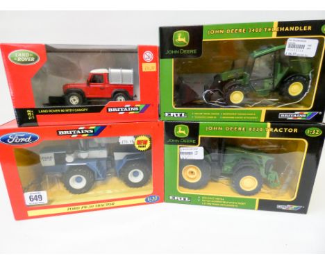 Britain's and ERTL 1:32 scale John Deere tractors, Land Rover, Ford tractor, mint and boxed 