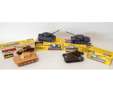 Three Solido World War II model tanks, Panther, Tiger etc mint and boxed 