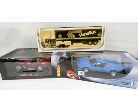 Hot Wheels Pantera 1:18 scale race car and a Shell Classico collection Ferrari 1958, and a boxed BP Vanellus truck train