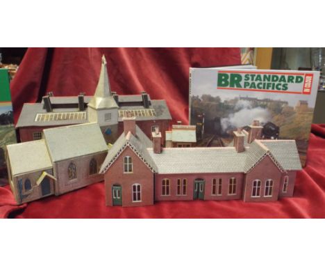 Large quantity of model railway houses, churches etc and a quantity of railway related books and pictures 