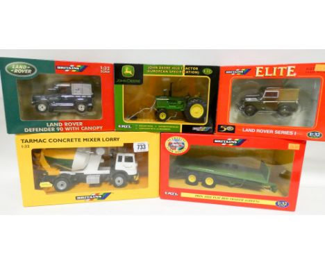 Britain's and ERTL scale model boxed toys to include Land Rovers, Tarmac concrete mixer lorry, John Deere tractor, trailer et