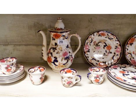 Masons ironstone coffee service, tea plates, large charger and red enamelled tea pot and kettle 