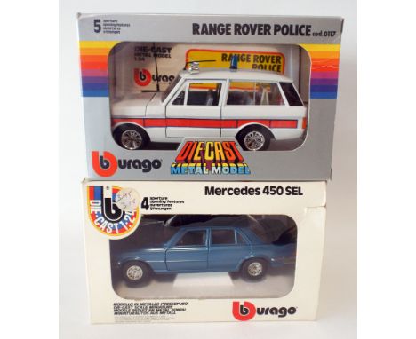 Burago die-cast metal model, police Range Rover and a Mercedes 450 SE, mint and boxed 